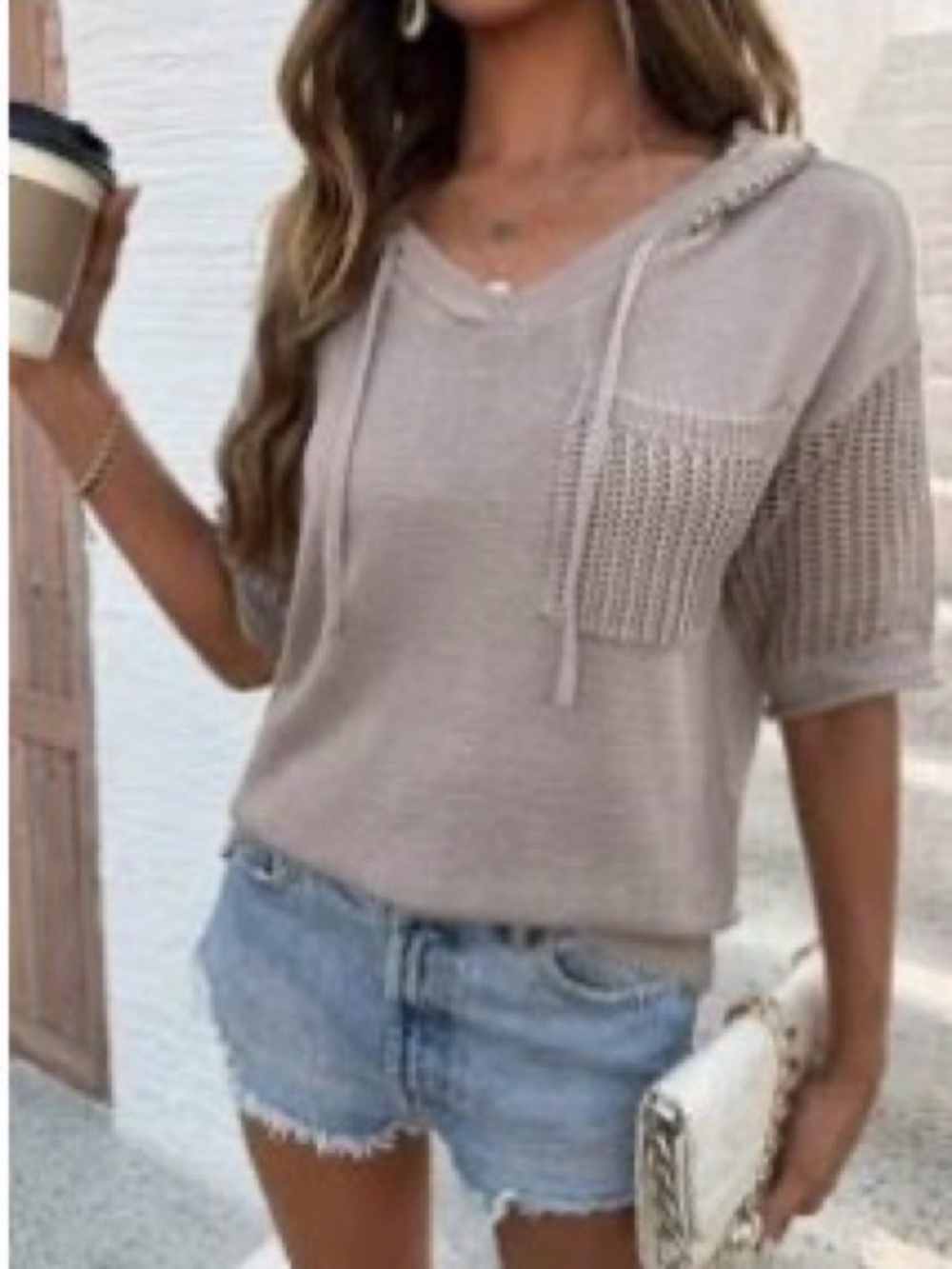 SHEIN Khaki Open-Knit Hoodie Sweater